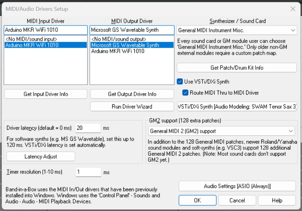 Band in a Box MIDI Audio Driver Setup with Arduino MKR WiFi 1010 selected