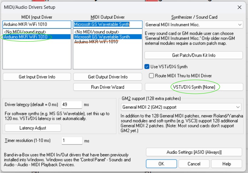 Band in a Box MIDI Audio Driver Setup with Arduino MKR WiFi 1010 selected